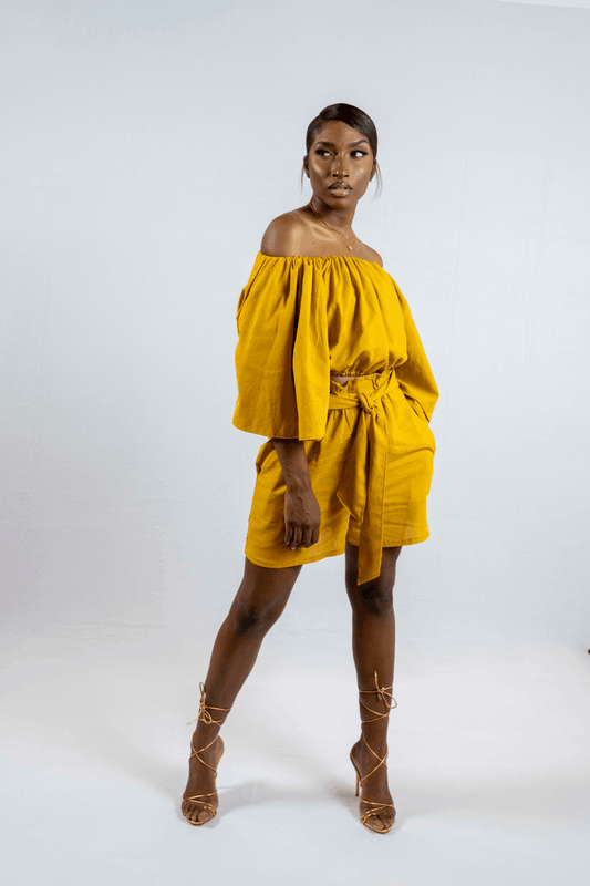 On/Off Shoulder Cropped Top with Bell Sleeve with Paperbag Short with Tie Belt